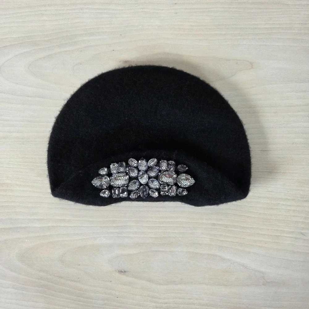 100% Wool Black Beret Hat w/Large Silver Rhinestone Jewel Embellishment